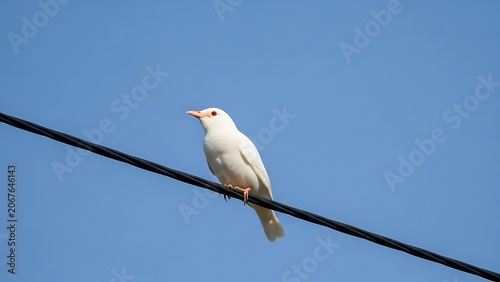 White bird perched on thin branch against sky.