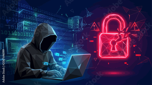 Cyber security threat concept with hacker silhouette in low poly style. Glowing red lock icon on dark digital background symbolizes online fraud and cyber attack danger. Vector illustration