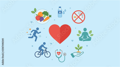 Preventive heart care scene showing lifestyle icons like healthy food, exercise, and medical check-up surrounding a simple heart shape, Minimalist 2D flat illustration, Cardiologist's Day
