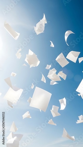 White birds soaring against bright blue sky.