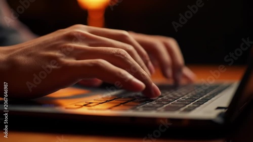 Hands typing on laptop keyboard in warm night lighting