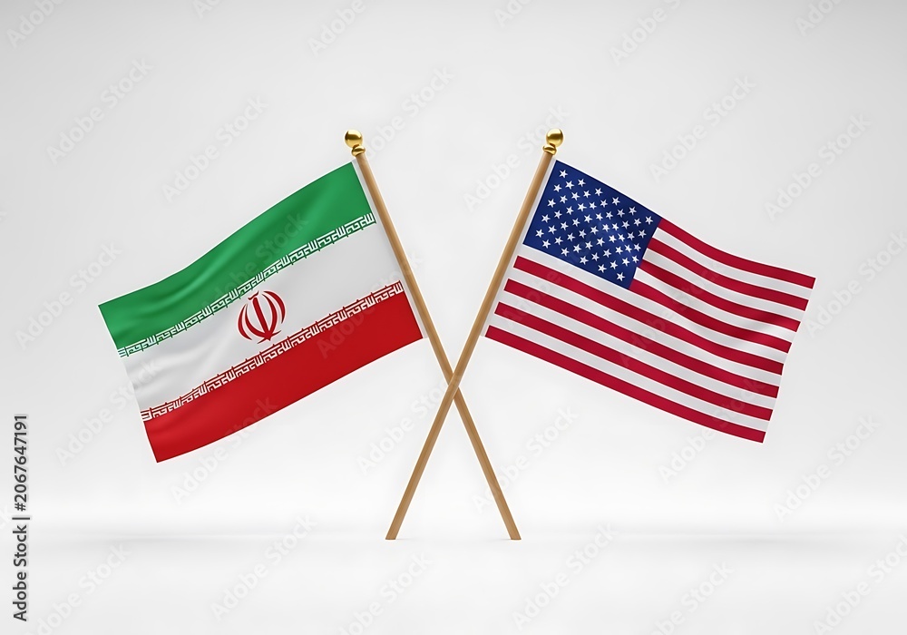 Fototapeta premium US and Iran Flags Crossing Representing International Trade and Geopolitics