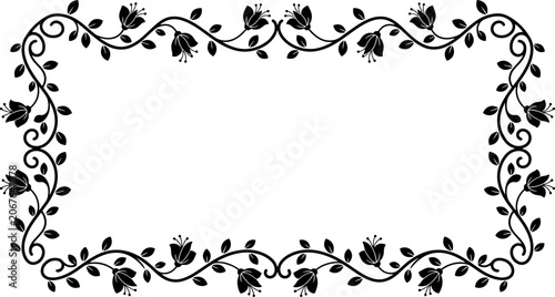 Elegant vintage black floral frame with decorative tulips swirl vines leaves and ornamental border for wedding invitation greeting card vector illustration