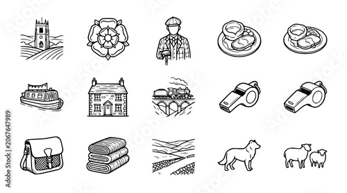 Canvastavla English Countryside Icons: Village, Food, Transport, and Rural Life Elements