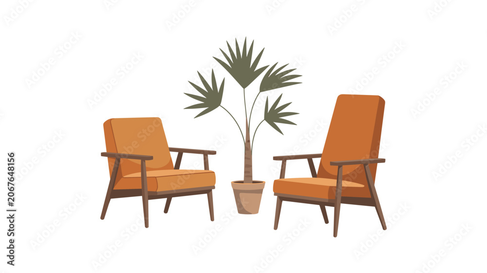 Fototapeta premium Two orange armchairs with wooden legs and a potted palm plant creating a mid-century interior look for home and office furniture marketing concepts.