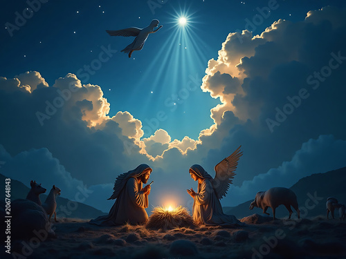 Angels Worshiping Under Starry Sky Beside Nativity Scene