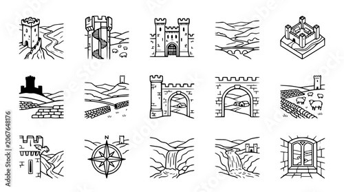 Tableau sur toile Medieval Castle Icons Set: Fortresses, Landscapes, and Architecture - Vector Lin