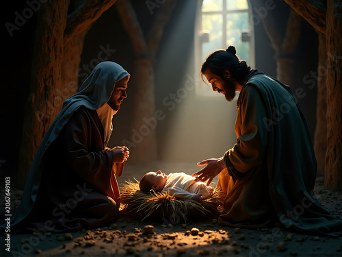 Biblical Nativity Scene with Mary Joseph and Baby Jesus in Stable