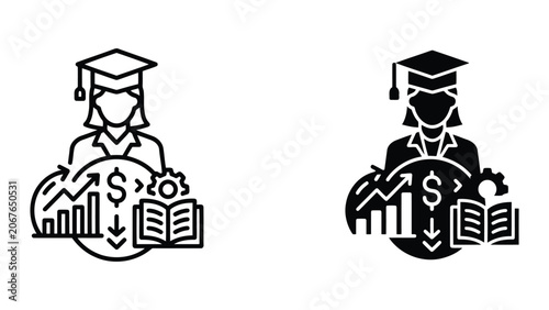 Graduate student with graduation cap holding circle with chart dollar sign and gear icon for career development and financial education in modern flat vector illustration style set for web