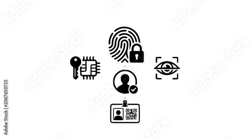 Various security icons including a fingerprint, lock, eye, and ID card are arranged.