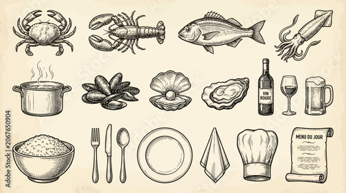 Vintage engraved style set of seafood elements, cooking utensils and restaurant items on a rustic background, illustrating restaurant menu design and seafood market branding