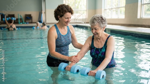 Water Aerobics for Seniors: A supportive physical therapist guides an elderly woman through a water aerobics session, using buoyant dumbbells to enhance her exercise in a warm indoor pool.