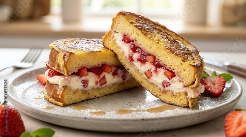 Delicious Strawberry Cream Cheese Stuffed French Toast with Maple Syrup.