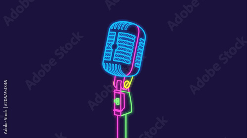 Quadro em tela Neon lit vintage microphone on stand.