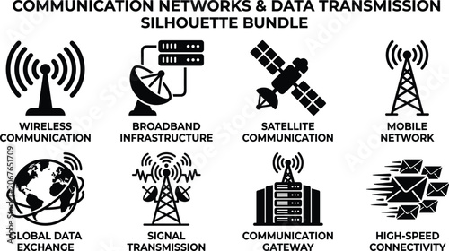Communication Networks and Data Transmission Technology Silhouette Icons Collection Set