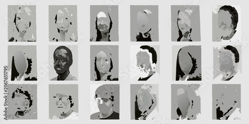 Photos Halftone dithered portraits grayscale arranged in a grid pattern
