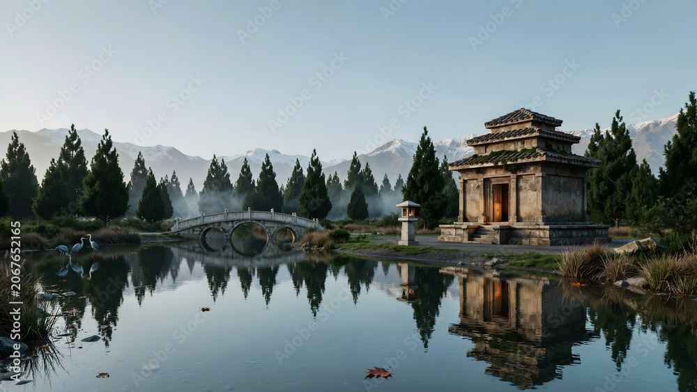 Fototapeta premium Traditional Asian temple with stone bridge and serene lake scenery in nature