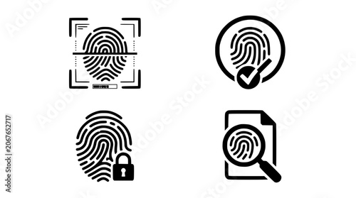 Vector icons illustrate secure biometric authentication methods with fingerprints and lock symbols