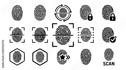 Various fingerprint icons and symbols are shown in a collection of illustrations.