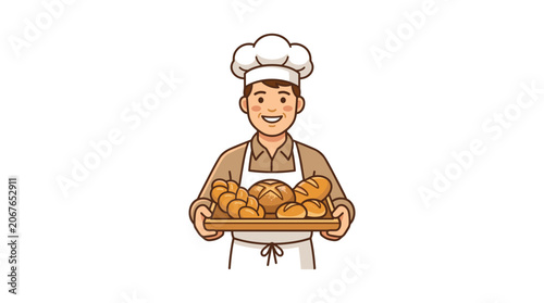 Smiling Baker Man Holding Freshly Baked Bread Tray.