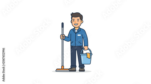 Smiling man holding a mop and bucket ready for cleaning tasks.