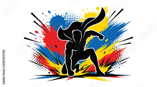 Superhero silhouette in dynamic pose with colorful abstract background.