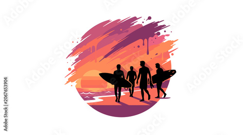 Surfers walking on beach with surfboards at sunset.