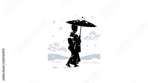 Silhouette of a woman in a kimono holding an umbrella in the snow.