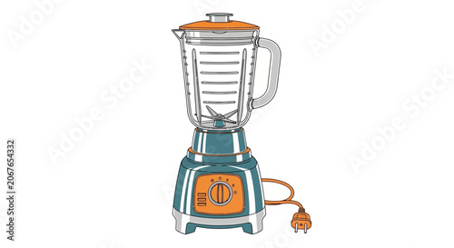 Vector illustration of a retro-style kitchen blender with orange and teal accents