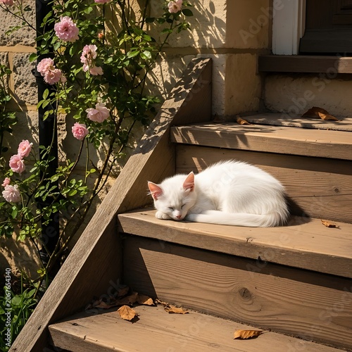 White cat resting on wooden fence in garden.