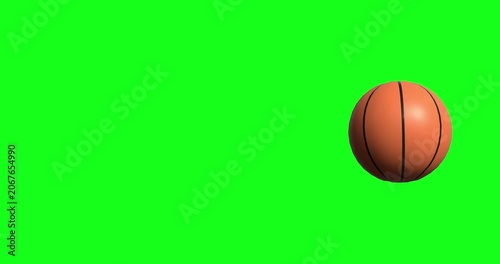 3D animation of a realistic orange basketball rolling and bouncing across a bright green screen background for easy chroma keying in sports multimedia productions.