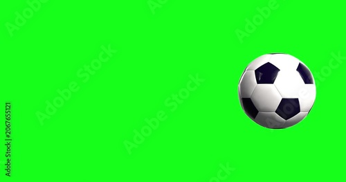 Black and white soccer ball flying and bouncing across a green screen background for professional sports broadcasting, motion graphics, and creative chroma key.