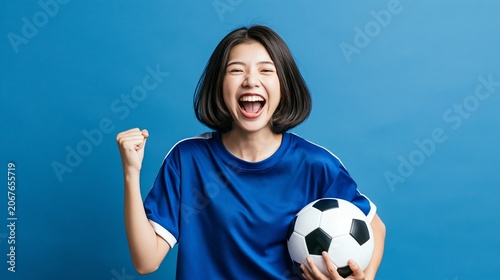Young woman in blue jersey holding soccer player soccer ball, excited