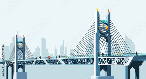 Foto modern cable stayed bridge with city skyline background vector illustration