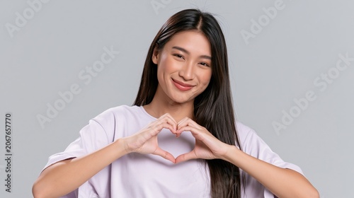 Smiling Asian woman making heart shape with hands