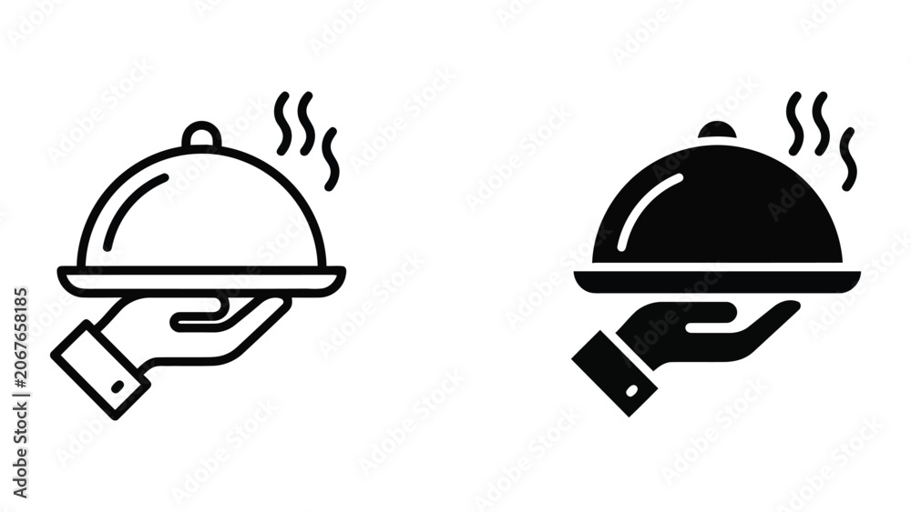 Fototapeta premium Professional waiter serving hot food icon set featuring hand holding cloche tray with steam effect in flat graphic style for restaurant dining and hospitality service industry mobile apps