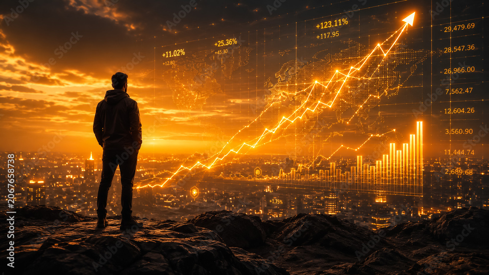 Fototapeta premium Man looking out over cityscape with rising graphs at sunset