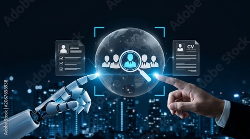Ai and human hand touching digital interface for global recruitment and talent acquisition