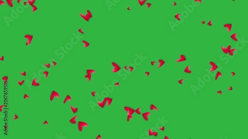 Falling Red Paper Hearts Motion Graphics With Green Screen Background 4k Stock Video