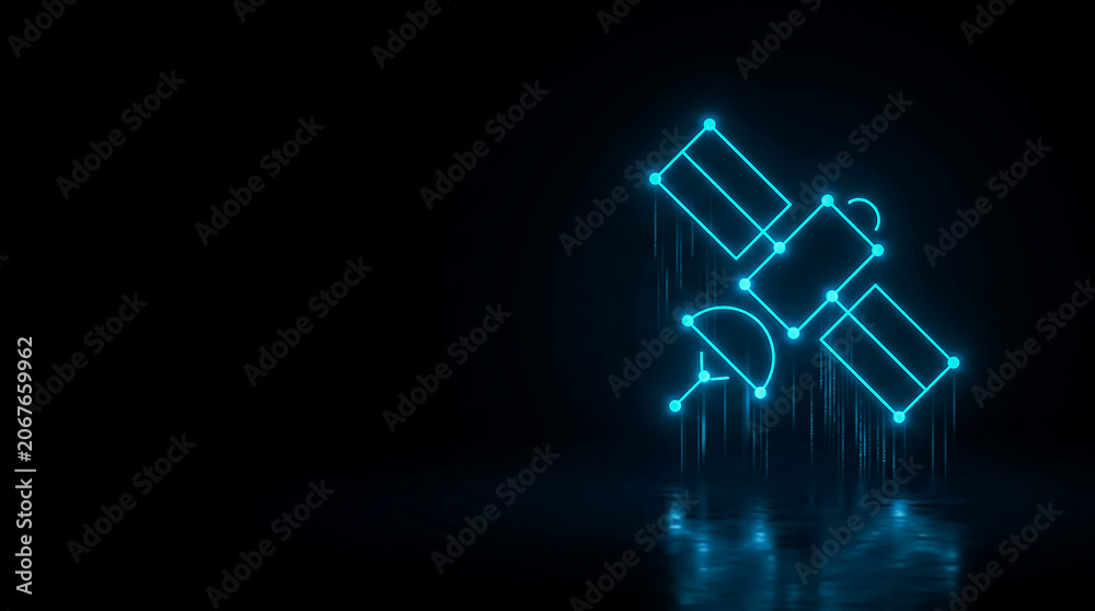 Obraz premium A sleek, modern image of a satellite emitting a glowing blue light trail against a dark background.