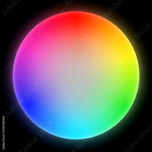 Gradient rainbow color spectrum sphere on black background with soft diffused lighting.