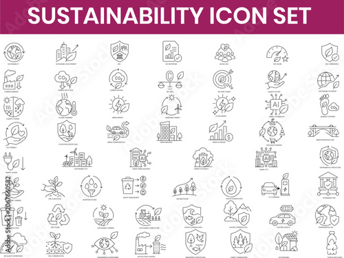 Eco Sustainability Outline Icon Pack Renewable Energy, Recycling and Environmental Vector Set