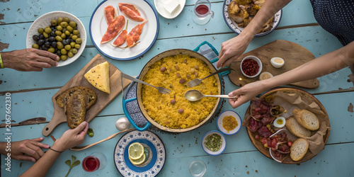Top down view of group of people sharing traditional paella meal on rustic wooden table.