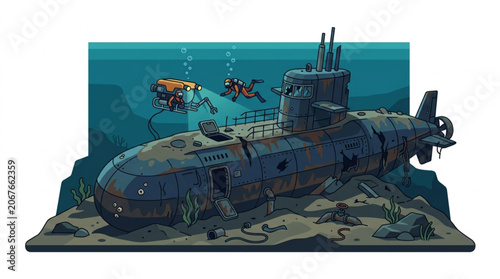 Photos Submarine wreck on ocean floor with divers exploring underwater scene
