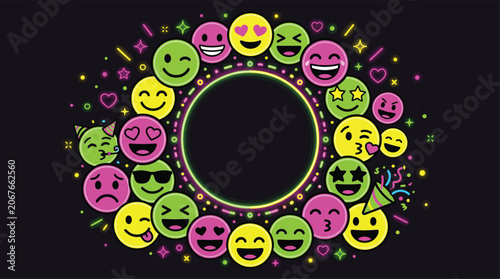 Neon glow emoji circle frame on dark background for night party celebration banner with copy space