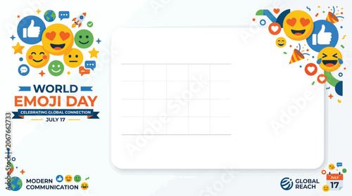 World Emoji Day calendar grid template with social media icons for July 17 global connection design