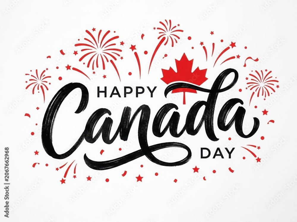 Fototapeta premium Hand-drawn Canada Day celebration greeting with fireworks and maple leaf illustration on white background