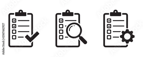 Fotografie Verification and analysis checklist icons with checkbox details and settings elements on transparent layout