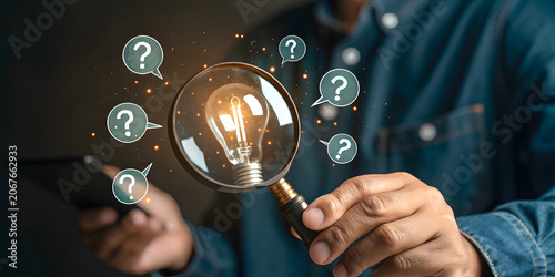 Business person holding magnifying glass over glowing lightbulb with many question marks.