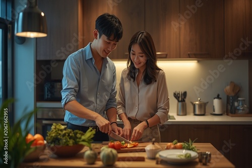 Playful Korean Couple Baking Cake Together in Modern Kitchen